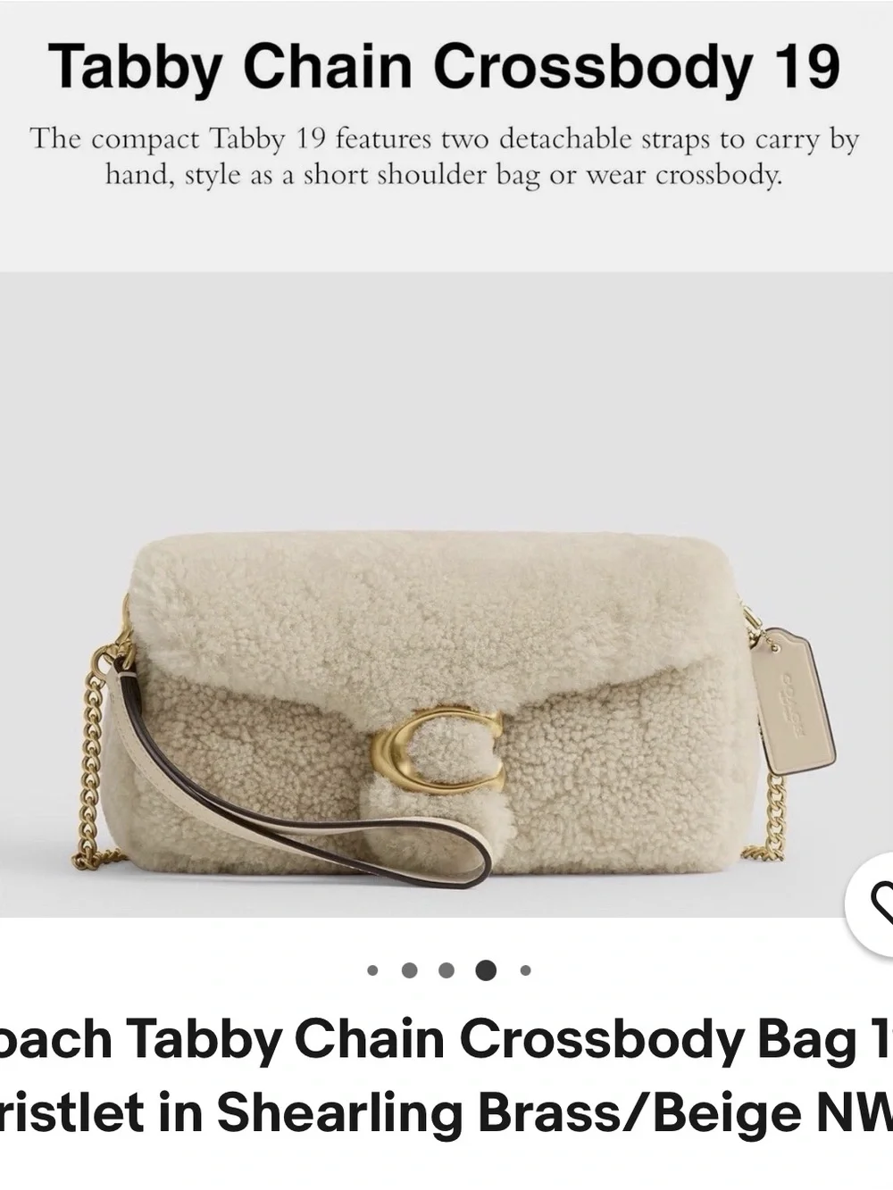 Coach Cream Shearling tabby chain crossbody 19 wristlet in shearling brass beige